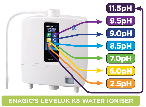 LeveLuk K8 - Leistungswerte, die der im rechten Bild vorgestellte Selbstbauwasserionisierer übertreffen kann; Kosten ca. 4350.- €